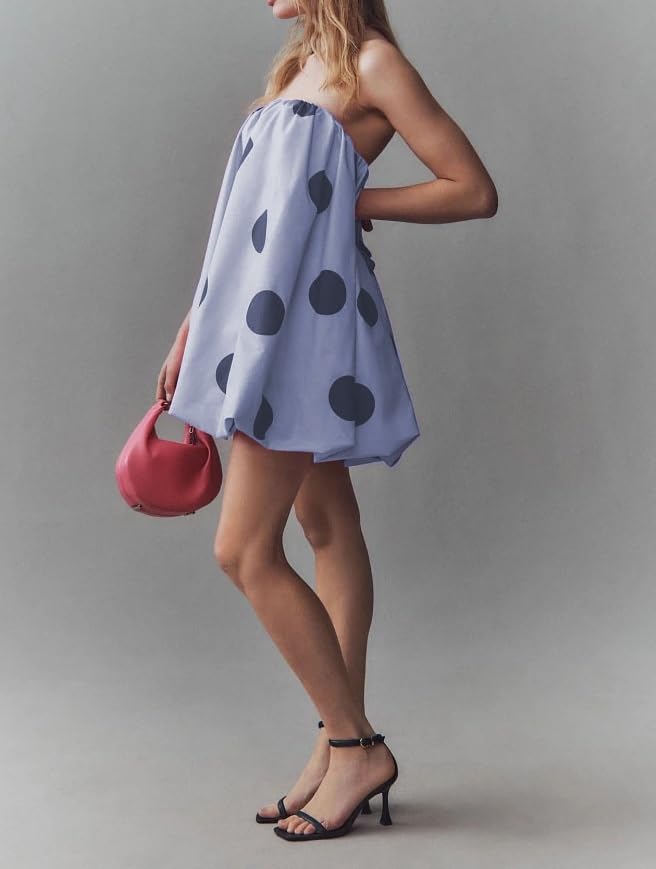 Image of Faretumiya Women Polka Dot Bubble Mini Dress Strapless Flowy Short Tube Dress Off Shoulder Y2k Balloon Dress Party Beach(
