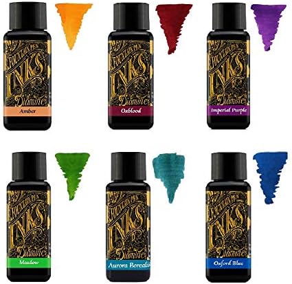 Diamine Fountain Pen Ink 30 ml – Colour Palette – 6 x Bottles – Amber, Oxblood, Imperial Purple, Aurora Borealis, Oxford Blue, Meadow