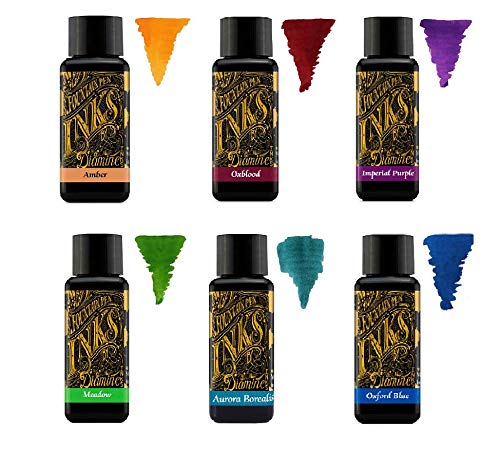 Diamine Fountain Pen Ink 30 ml – Colour Palette – 6 x Bottles – Amber, Oxblood, Imperial Purple, Aurora Borealis, Oxford Blue, Meadow