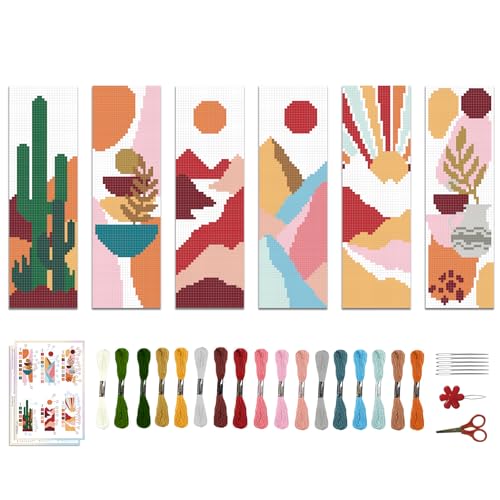 ACRNIGHEET 6PCS Cross Stitch Bookmark Kit for Beginner Boho Abstract Landscape Stamped Cross Stitch Kits for Adults Crossstitch Kits Adult Bookmarks with Instructions Hand Embroidery Craft Gift 11CT