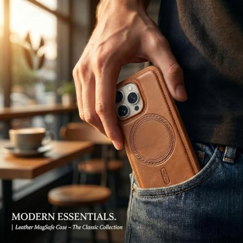Image of amazon basics Premium PU Leather Case for iPhone 16 Pro, MagSafe Compatible Magnetic Ring, Sleek Protective Back Cover - [Tan]