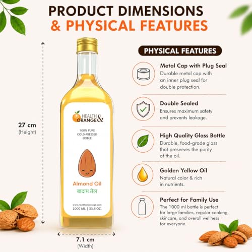 Image of H&O Sweet Almond Oil - 100% Pure Cold Pressed Edible Badam Tel - 1000ml Glass Bottle - For Healthy Skin, Hair and Body