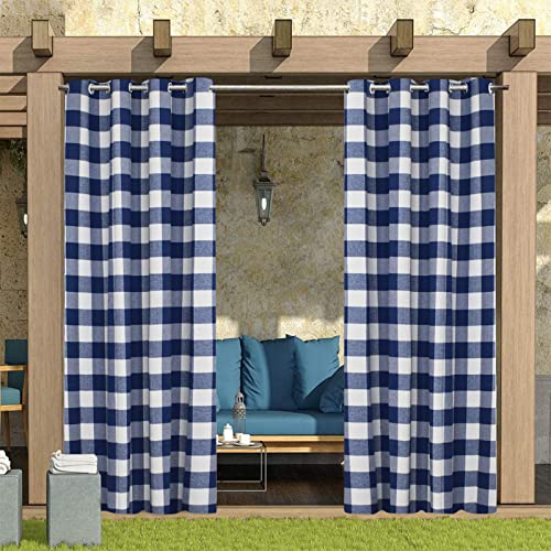 GOODLUKY Cortinas modernas, quadriculadas, cortinas exteriores impermeáveis, opacas, com ilhoses, isolantes térmicas, proteção solar, para quarto, pérgua, terraço, 1 painel, azul, L x L: 132 x 213 cm