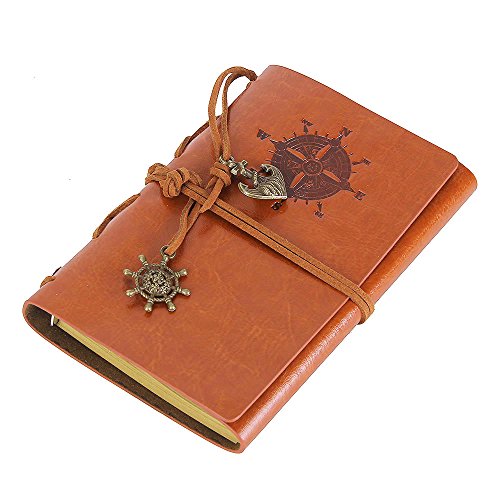 Leather Writing Journal Notebook, Evz 5 Inches Vintage Nautical Spiral Blank String Diary Notepad Sketchbook Travel To Write In, Unlined Paper, Retro Pendants, Classic Embossed, Brown #TOP2