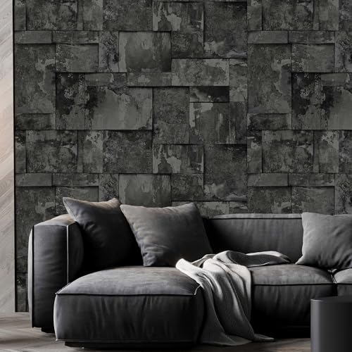 Walloro Elegant Black Stone Metallic Wallpaper | Realistic 3D Embossed
