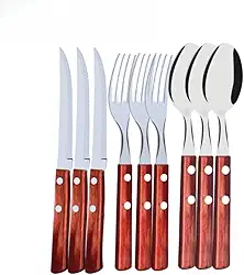 36 Unidades de Talher 12 Colher 12 Garfo 12 Faca de Inox com Cabo de Madeira Faqueiro Conjunto Variáveis Premium- Churrascos e Restaurantes (12 FACA 12 GARFO 12 COLHER)