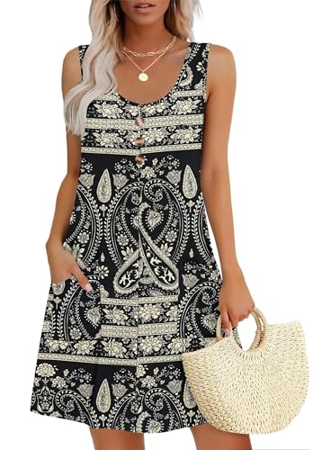 MOLERANI Summer Dresses for Women - Sleeveless Ladies Dress Casual Round Neck Women Dress with Pockets Boho Floral Black L