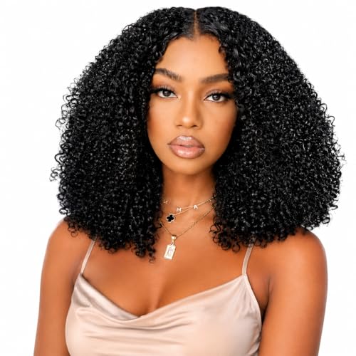 Image of V Part Wig Human Hair Kinky Curly Natural Black 24 Inch | Curly Human Hair Wig Upgrade U Part Human Hair Wigs for Black Women Glueless Wig Wear and Go 180 Density