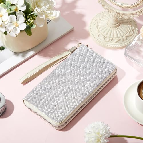 Image of MotiMind White Bling Gift Glitter Sparkly Wallet for Women Rhinestone /Pearl Wallet RFID Blocking Phone Purse Gifts for Mother's Day (Rhinestone)