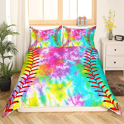 Kids Baseball Comforter Cover Boys Girls Softball Sports Game Bedding Set Girly Colorful Tie Dye Duvet Cover Teens Men Baseball Gaming Bedspread Cover Rainbow Room Decor Full Size Quilt Cover 3Pcs #TOP2