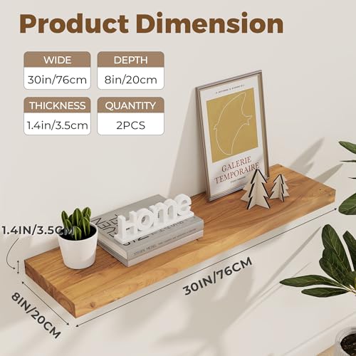 Image of Floating Shelves for Wall, 30in Reclaimed Elm Wood Shelves, Natural, 2PCs | 8'' D Rustic Solid Elm Wood Shelves for Storage, Wall Mounted Display Shelving with Invisible Heavy-Duty Metal Bracket