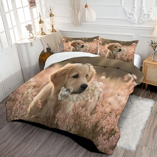 DLERFLOVR Trapunta Letto Singolo Cane Carino Piumone Letto Trapuntato Campi Di Fiori Selvatici Caldo e Soffice Piumino Invernale - Lavabile in Lavatrice con Federe 140x200cm, Marrone