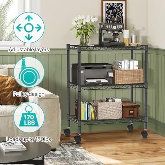 BSTOPHKL 3 Tier Metal Wire Rack Storage Shelves, Rolling Cart Organizer, Adjustable Heavy Storage Shelves with Wheels for Kitchen Garage Small Space£¬Black£¬23''L x 13''W x 32''H-QNbOdPIB