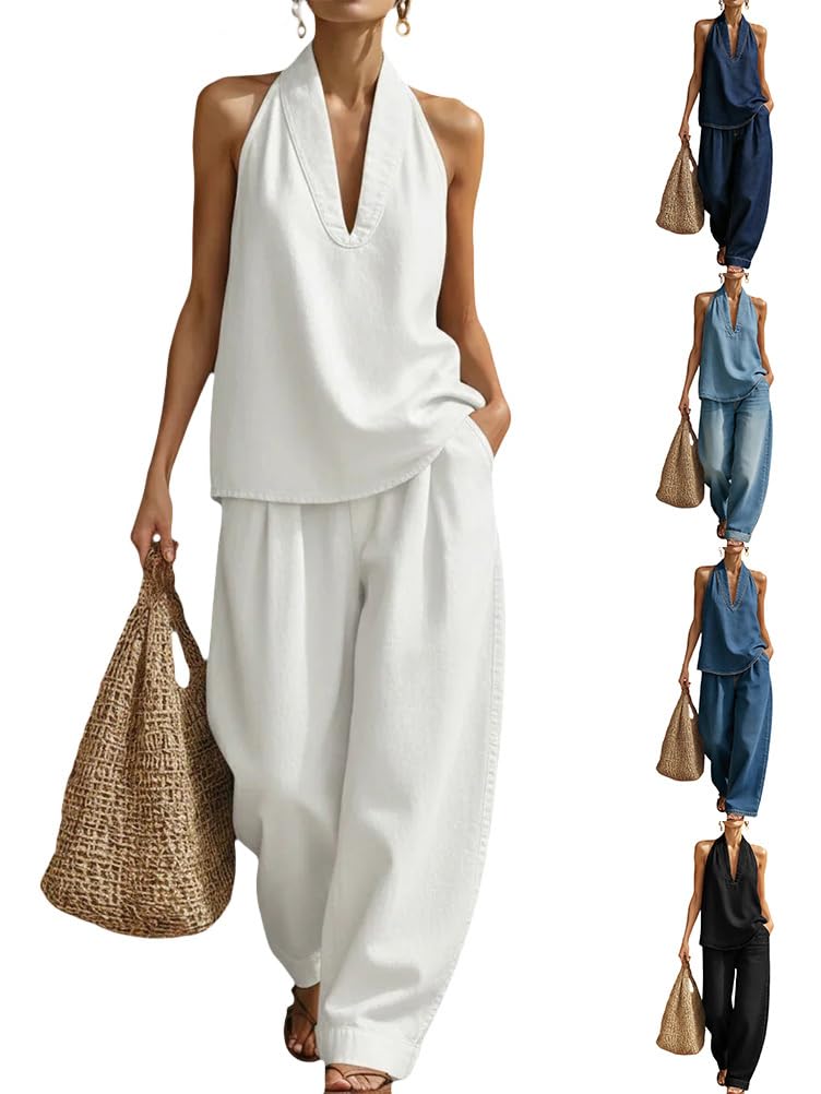 shownicer Completo Donna Elegante Tuta Estivo 2 Pezzi Set Senza Maniche Top E Jeans Pantaloni Curvy Completo Scollo a V Due Pezzi Set Completi Tute