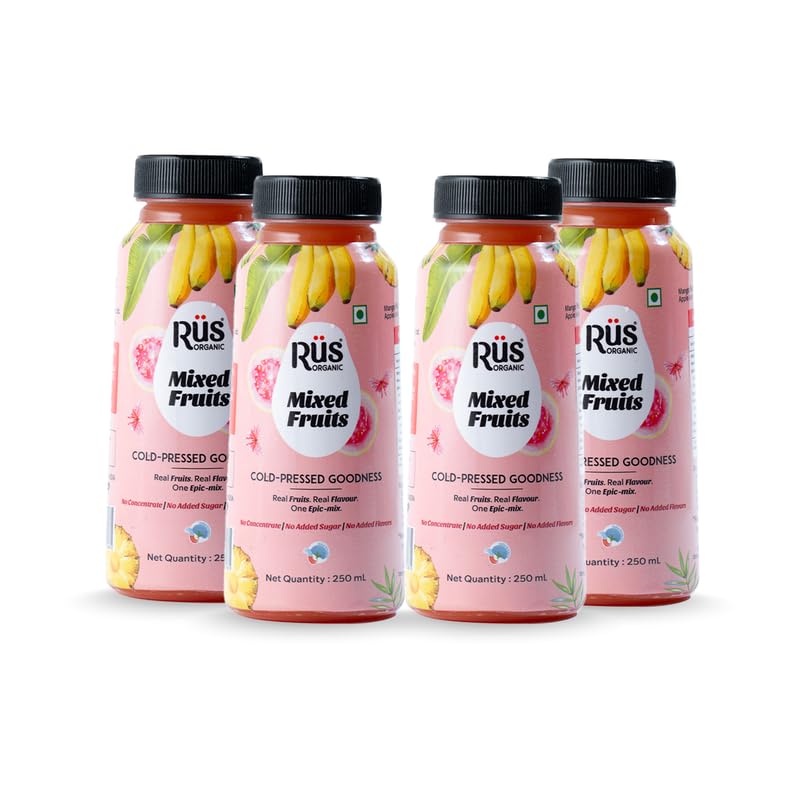 Image of Rus Organic Mixed Fruit Juice | Cold Pressed Organic Drinks | Pack of 4 (250ml Each) | No Added Sugar, Preservative-Free | Multi-Fruit Blend for Daily Vitality