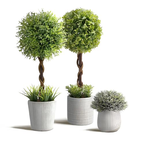 3 Stück Kunstpflanze 35 cm, Buchsbaum Künstlich im Beton-Töpfen für Büro Deko, Künstliche Pflanzen für Wohnzimmer Badezimmer Schlafzimmer Küche Tisch Büro Zimmer Deko