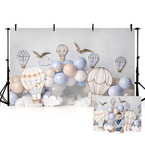 MEHOFOND 2,1x1,5m Fotografía de cumpleaños Infantil Fondo de fotografía de Globo aerostático Azul y marrón Retrato de Fiesta Familiar Fondo de pancartas de Estudio Accesorios de Cabina