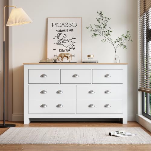 Meuble de rangement, buffet, buffet avec 7 tiroirs pour salon, entrée, couloir, cuisine - blanc et couleur chêne - 140 x 40 x 81 cm – vue 2