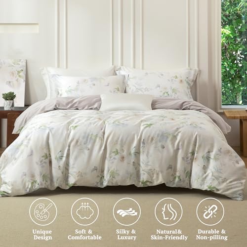 MILDLY Queen Size Duvet Cover Set 100% Long-Staple Cotton Luxury White Floral Patten Reversible Comforter Cover Set 3Pcs