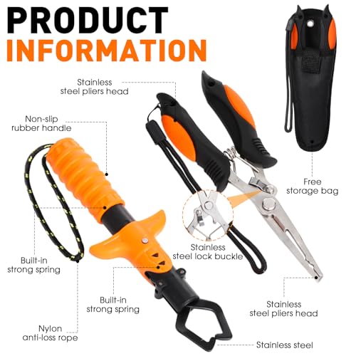 Image of RoundFunny 10 Pcs Fishing Tool Kit, Fishing Pliers with Lanyard and Protective Sheaths, Landing Net, Fillet Knife, Fish Scale, Gripper, Hook Remover, Braid Scissors, Gloves for Men Dad Gift
