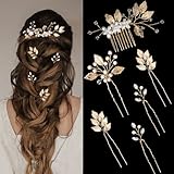 6 Pieces Wedding HairPieces for Brides Bridal Hair Accessories Hair Pins Gold Leaf Crystal Pearl Clips Headpiece Vintage Flower Jewelry for Bridesmaids