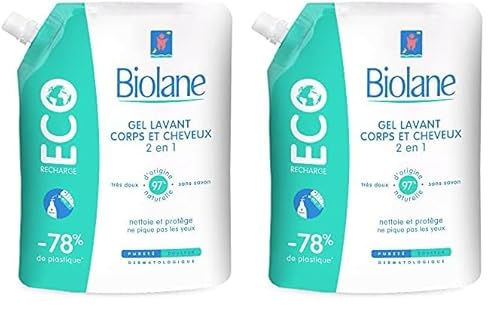 BIOLANE - Gel douche corps et cheveux 2 en 1 - Eco Recharge - Gel lavant - 500ml - 97% Origine Naturelle - Doux - Peaux Sensible - Cheveux Fins - Bébé - Fabriqué en France (Lot de 2)