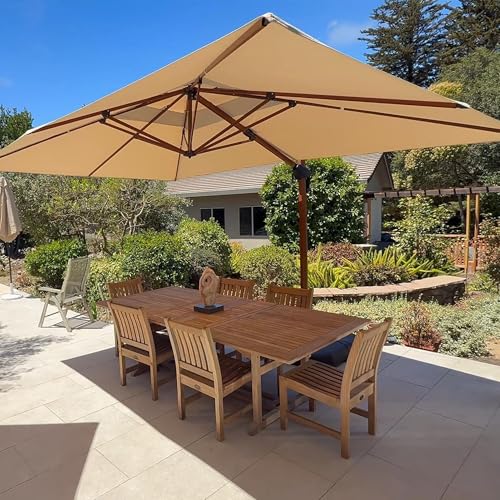 PURPLE LEAF Alu Holzoptik Ampelschirm Rechteckig 270 x 365 cm Rechteckig Sonnenschirm Groß 360°Drehbar Gartenschirm mit Kurbel, Beige