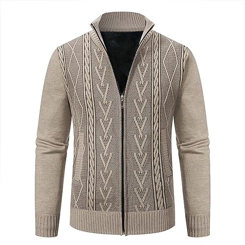 Men's Full Zip Knitted Cardigan Sweater Stand Collar Slim Fit Casual Long Sleeve Cable Knit Sweater with Pockets
