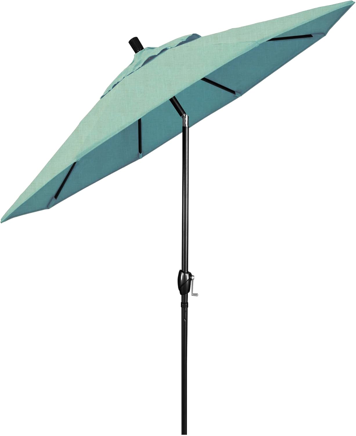 California Umbrella 9' Round Aluminum Market Umbrella, Crank Lift, Push Button Tilt, Black Pole, Sunbrella Spa