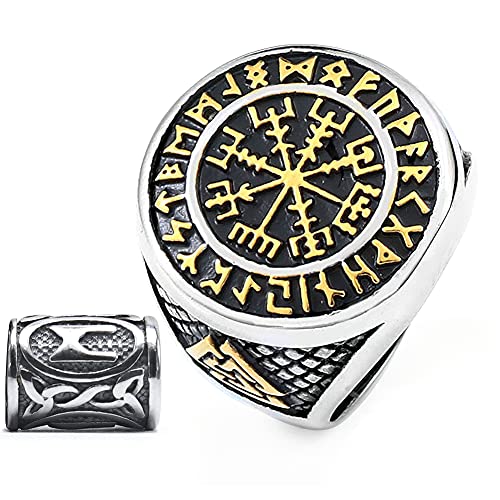 Gungneer Golden Stainless Steel Viking Compass Vegivisir Ring for Men Women Norse Pagan Jewelry Ring Viking Rune Beard Beads Gift
