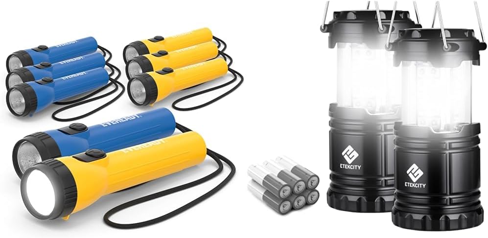 Eveready LED Flashlight (8-Pack) Bright Reliable Flashlights for General Purpose & Etekcity Lantern Camping Essentials Lights, Led Lantern for Power Outages