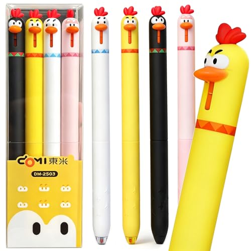JUNJAKU 4 Pcs Fun Pens, Gel Cartoon Chicken Pen 0.5mm Retractable Black Ink Writing Pen Kawaii Funny Office Supplies (4pcs Chicken Pens)