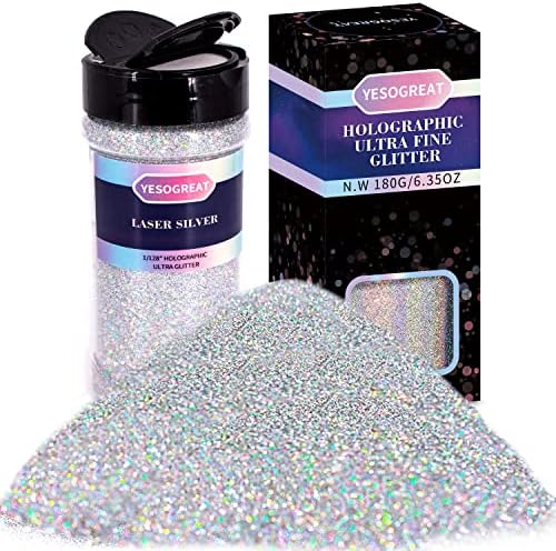 yesogreat Holographic Ultra Fine Glitter, 180G/6.35OZ Resin Laser Glitter Powder, 1/128” 0.2mm Metallic Iridescent Glitter for Slime Resin Arts Tumbler Jewelry Nail Art Makeup Painting Cards