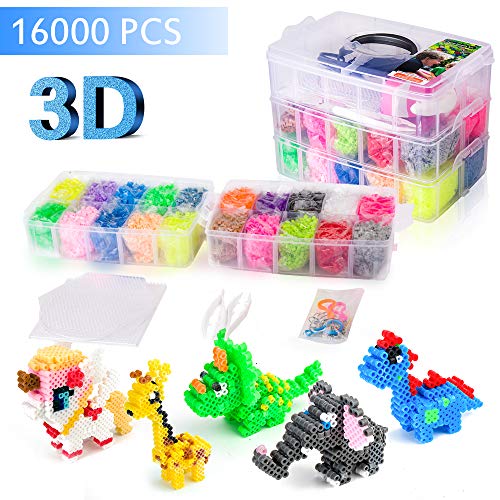 Upgrade 3D Perler Beads Kits,16000 pcs Fuse Bead Kits, 20 Colors (5 Glow In The Dark),Included 3D Full Size Patterns, Tweezers, Pegboards, Ironing Paper- Works with Perler Beads