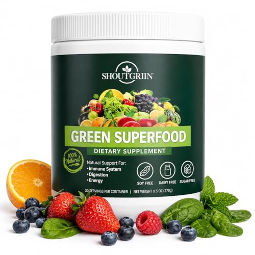 SHOUTGRIIN Green Superfood Powder — Organic Super Greens with 100 Billion CFU Probiotics & Digestive Enzymes — Vegan, Keto, Sugar-Free Daily Greens Supplement — Energy, Gut Health & Immunity
