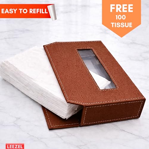 Image of LEEZEL| Tissue Box Holder with 100 Pulls Cotton Rags Tissue | Handcrafted Fine Leather - Like Finish | for Gifting, Office Desks, Cars & Home Decor | Durable & Water Resistant. (Brown)