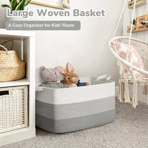 Goodpick Storage Basket, 21.6" x 14.9" x 11.8", Blanket Basket for Living Room, Large Woven Baskets for Storage, Toy Organizer, Rectangle Rope Baskets for Organizing, Gray