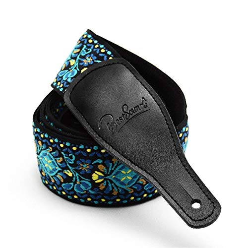 Dulphee Guitar Strap, Jacquard Embroidered Vintage Guitar Shoulder Strap With Durable Genuine Leather Ends For Bass, Electric & Acoustic Guitars (Blue-Yellow) #TOP6