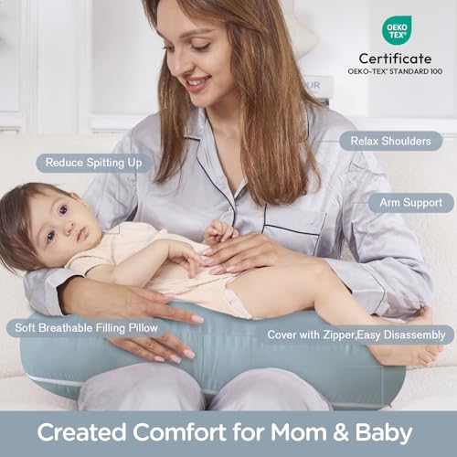 Image of Plushii U-Shaped Nursing Pillow with Washable Cover,Blue | Ergonomic U-shaped breastfeeding support pillow for mom and baby, featuring a soft, breathable and washable cover