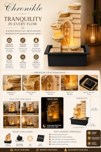 Image of CHRONIKLE Polyresin Designer Table Top Indoor Home Decor 4 Steps Waterfall Fountain with Yellow LED Lights & Water Flow Controller Pump (Size: 40 x 29.5 x 22CM | Weight: 2185grm | Color: Cream)
