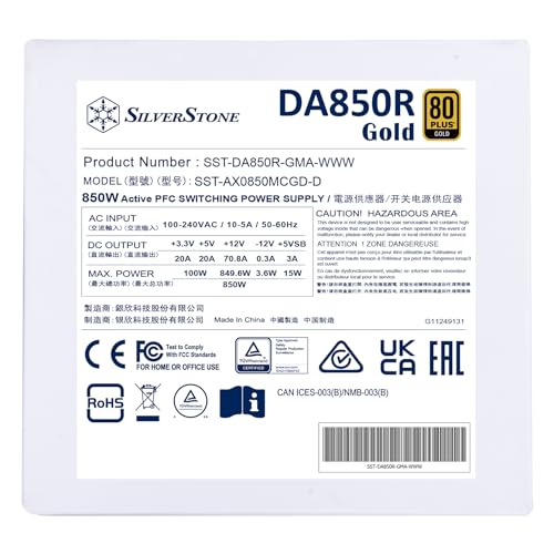 Image of SilverStone Technology DA850R Gold 80 Plus Gold 850W ATX 3.0 & PCIe 5.0 Power Supply with White casing, Fan, and White Cables, SST-DA850R-GMA-WWW (SST-AX0850MCGD-C)