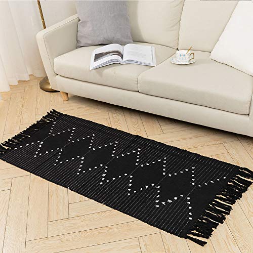Boho Rug, Boho Kitchen Rug Runner Washable, Boho Bathroom Rug Woven Small Cotton Bohemian Tribal Farmhouse Tassels Bedroom Hallway Moroccan Bath Mat 2 x4.3 , Black