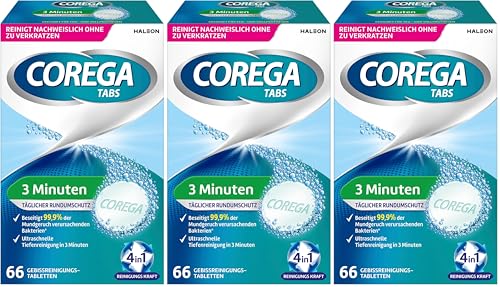 Corega Reinigungs-TABS 3 Minuten für herausnehmbaren Zahnersatz/dritte Zähne, Gebissreinigungstabletten, 1x66 (Packung mit 3)
