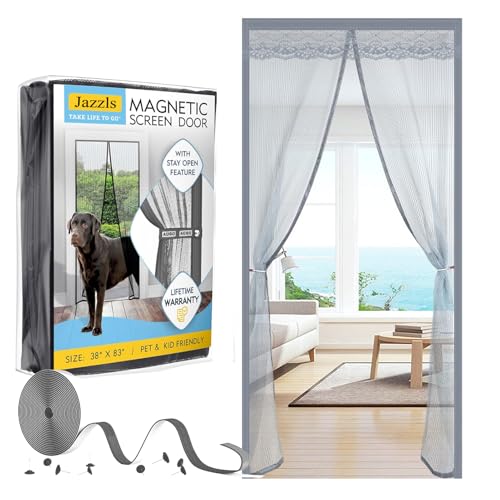 Magnetic Screen Door,Heavy Duty Mesh Curtain Fit Door Size 38 x 82 Inch,Pet and Kid Friendly Self Sealing Fly Screen Door with Stay Open Buckles,Keeps Bugs Out Let Breeze in (1, White)