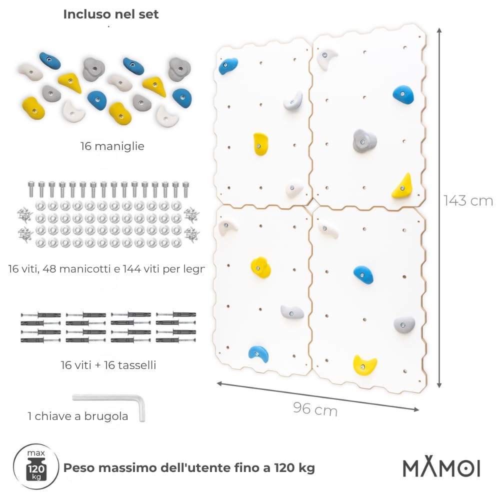 MAMOI® Parete da Arrampicata per Bambini da Interno – Pannelli in Legno con Prese, Struttura per Arrampicata per Cameretta, Kit di Montaggio Incluso