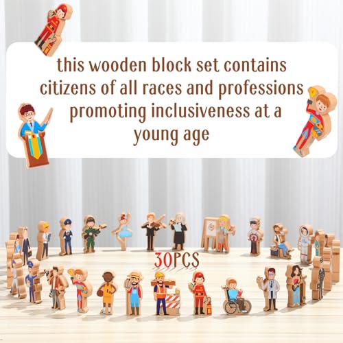 Image of Blosssound Wooden Toys Set for Preschool Classroom - Multicultural Career People Blocks Educational Wooden Play for Kids Learning Toys Play Games Activity Supplies (30 Pcs,Community Helpers)