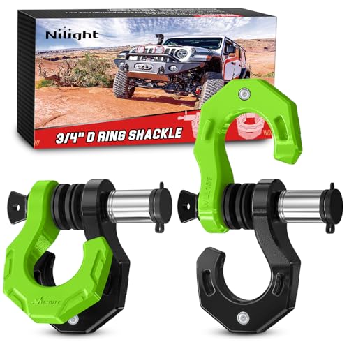 Image of Nilight 2 Pack 3 /4 inch D-Ring Separate Shackle with 7 /8 inch Lock Pin 45,000 lbs Break Strength, Off Road Recovery Shackle with Isolators Washers for Use with Tow Strap, Winch, Truck Vehicle (Black&Green)