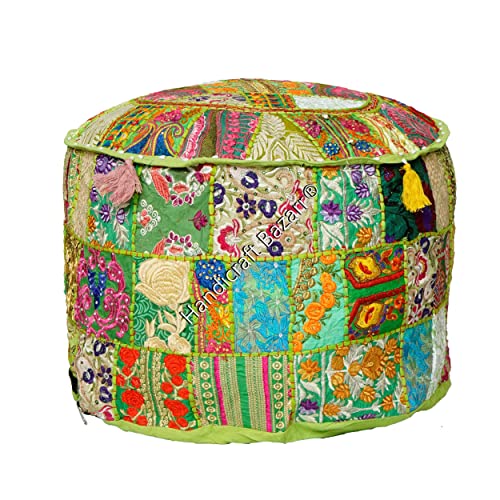Handicraft Bazarr Funda decorativa vintage para puf de retazos, redonda, con bordado de retazos, funda otomana, de algodón, floral, para asiento (16 x 16 x 13 pulgadas) Cover
