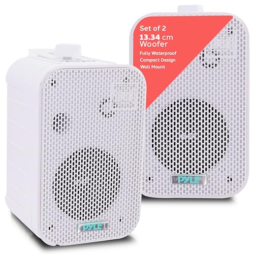 Pyle Dual Waterproof Outdoor Speaker System - 5.25''/13.3cm, Pair of Weatherproof Wall/Spring Loaded Speaker Terminal w/Heavy Duty Grill, Universal Mount, For Pool, Patio, & Indoor Use (White)