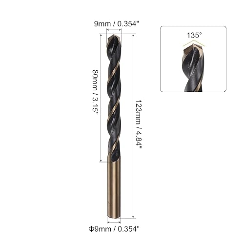 Miniatura 2 de uxcell Brocas Jobber de 0.354 in con revestimiento de titanio negro y acero de alta velocidad 4341 (HSS) Brocas helicoidales de punta dividida de